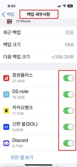 iCloud 백업 세부사항